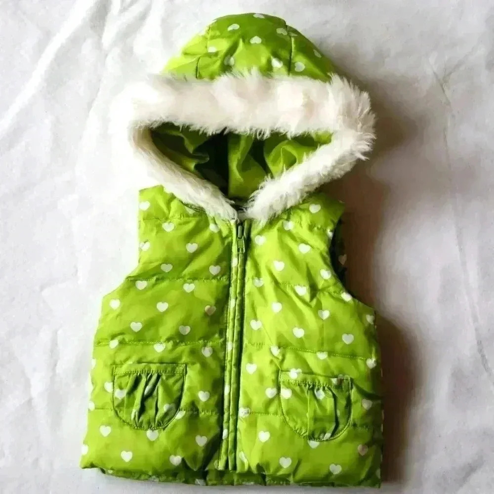Gymboree Green Vest Hearts and Faux‎ FurTrim Hood 6-12 months